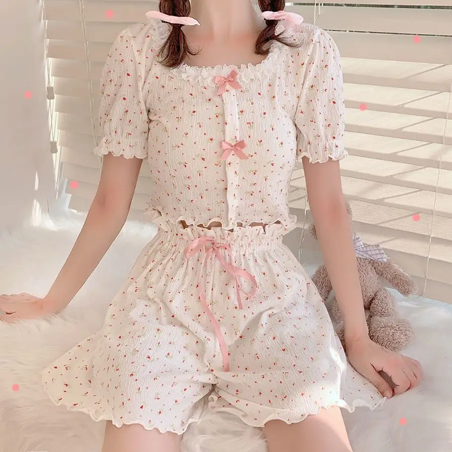 Pajama Sets Women Bow Sweet Girls Soft Summer Popular Breathable Harajuku Crops Print Nightwear Female Causal Cozy Aesthetic Ins