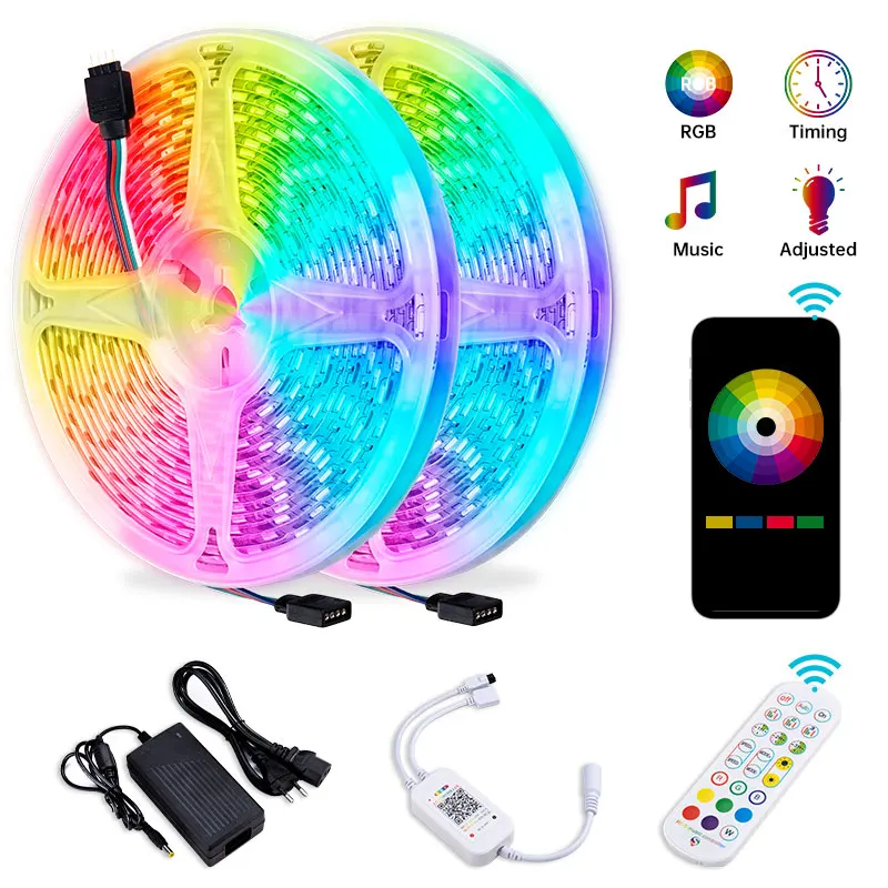 

5M 10M 15M LED Strip Lights Sync To Music RGB LED Tape SMD 5050 Color Changing Rope Light Bluetooth Smart Phone Control Lights