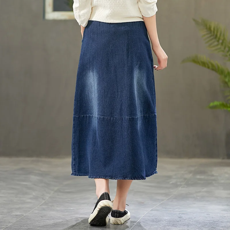 Free Shipping 2021 New Long Mid-calf Skirts Women Elastic Waist Spring Summer Denim Cortton Casual Skirts Bud Deep Blue Pockets