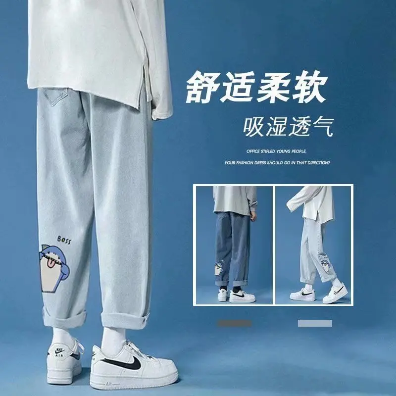 Cartoon print jeans straight leg high waist casual pants джинсы для мужчин брюки мужские ropa hombre denim trousers pantalon2021