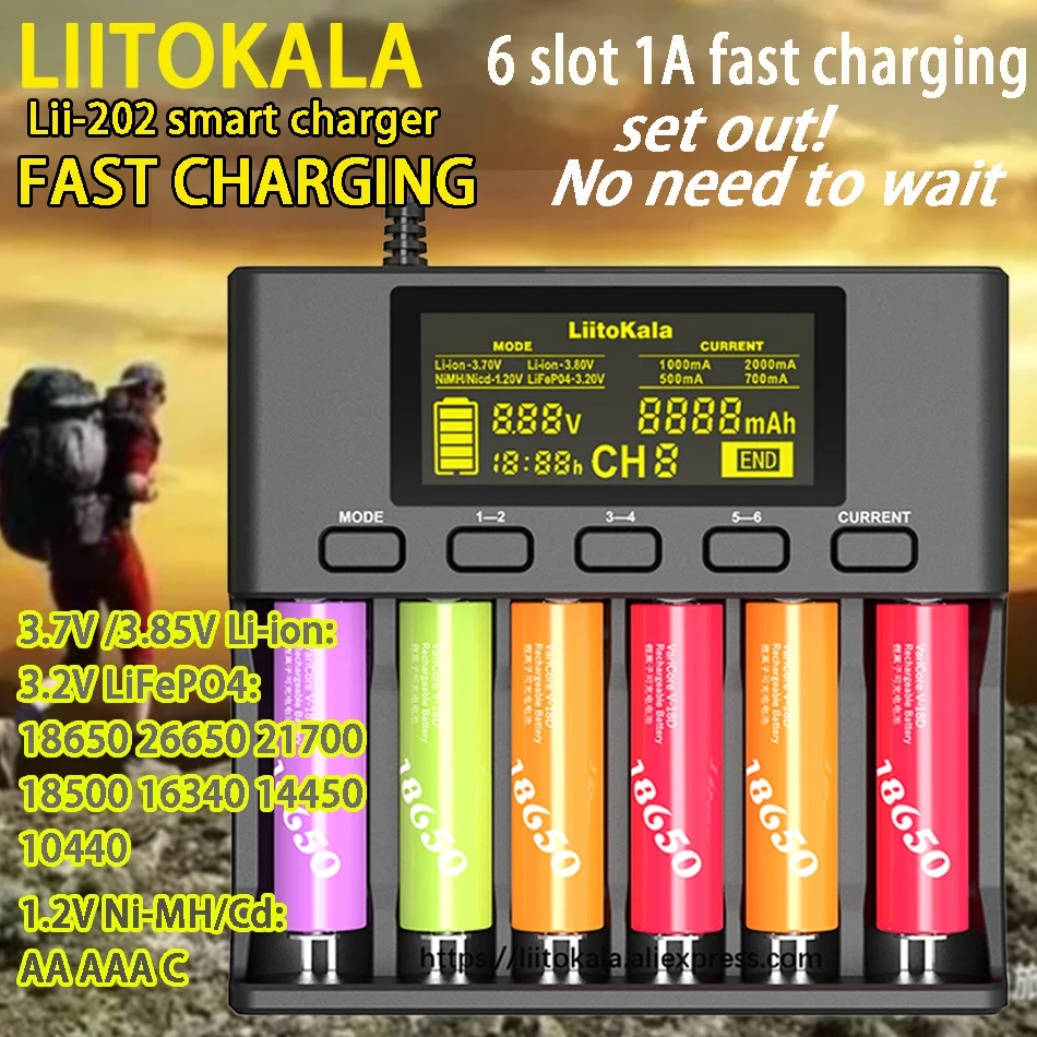 Liitokala battery charger, Lii-S6 Lii-PD4 Lii-500S v 3.2v 3.7 18650 6-slot auto-polarity detect 26650 21700 18500 AA AAA batteri