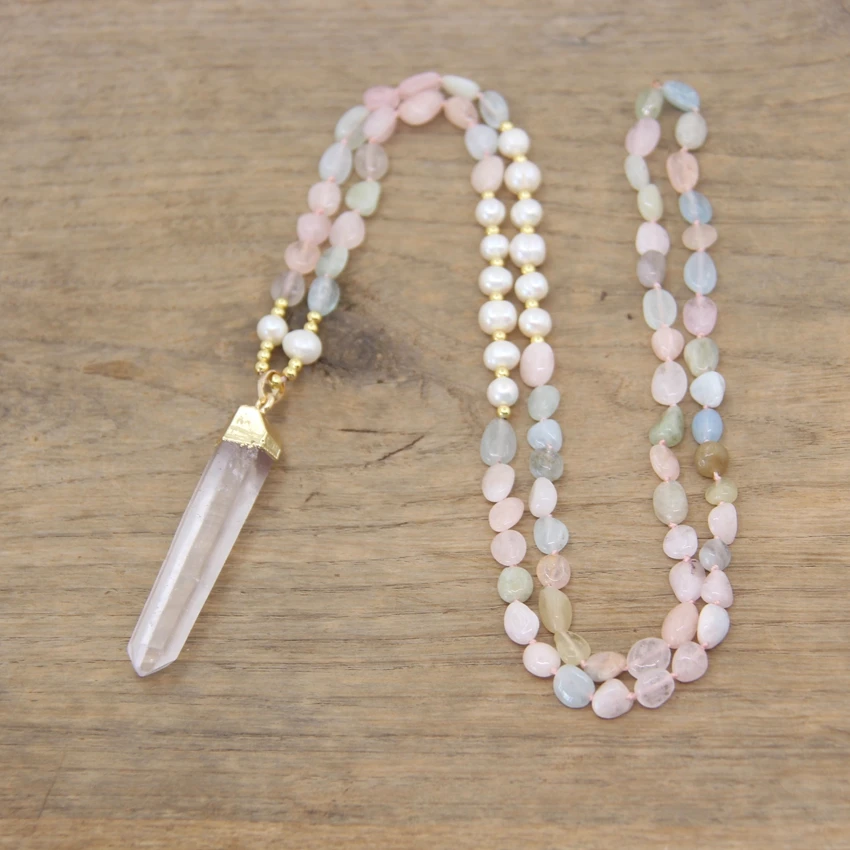 

Natural Pearl Morganite Beads Knotted Handmade Boho Necklace Raw Crystal Point Tusk Pendants Mala Yoga Women Jewelry,QC0133