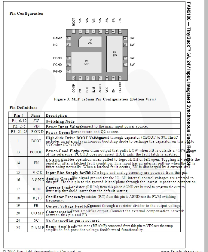 FAN2106MPX 마킹: 2106MP FAN2106MP FAN2106 tiny벅™6A, 24V 입력 통합 동기 벅 레귤레이터 100% 새로운 원본
