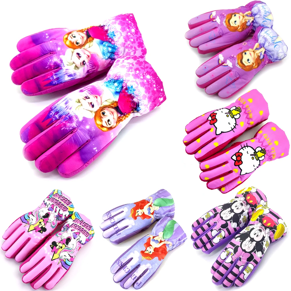 Kids Winter Thickening Warm Gloves Windproof Anna Elsa Cartoon Children Boys Girls Ski Outdoor Waterproof Anti-slip Gloves 5-10Y