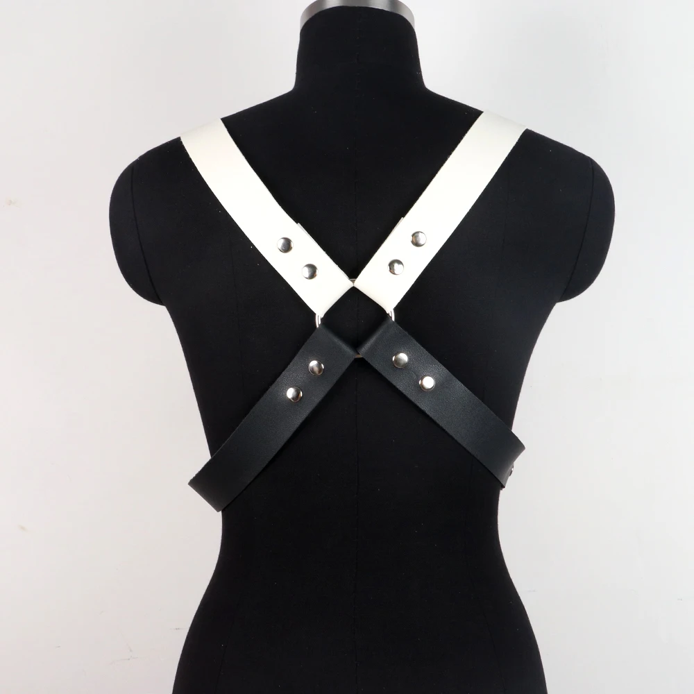 Men Black White Faux Leather Metal Rings Body Chest Harness Punk Male Leather Bondage Costume Sexy Gay Club Rave Straps Crop Top