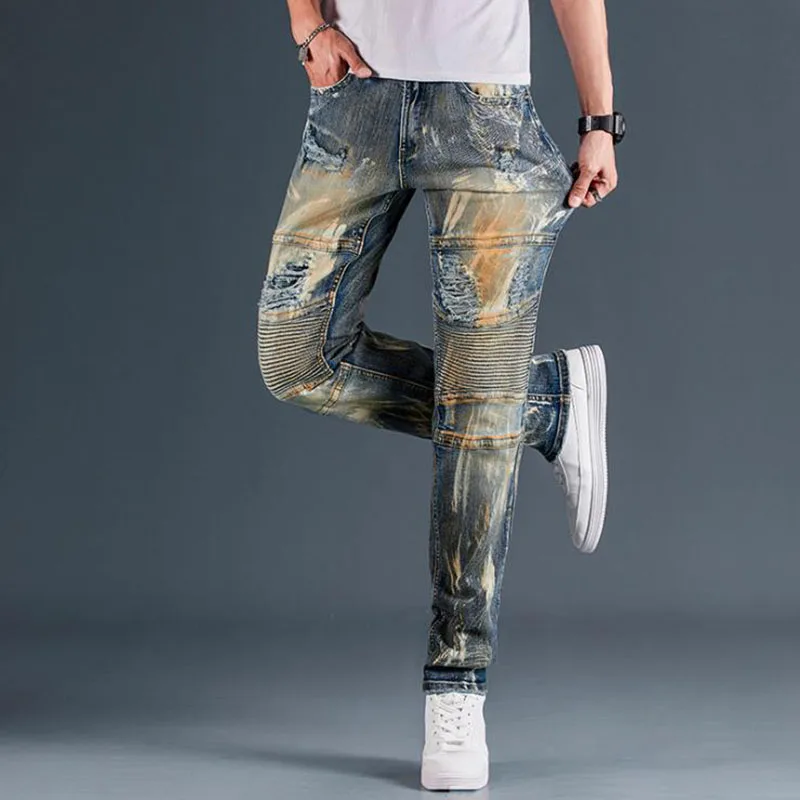 

High Quality New Arrivel Men's Bike Moto Jeans Stretch Straight OverSize HIP HOP Punk Streetwear Hombre Denim Pants