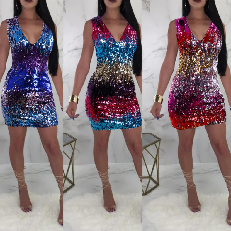 

SKMY 2024 New Sexy V-Neck Sleeveless Dress Slim Bodycon Gradient Color Patchwork Sequin Evening Party Club Dress Women