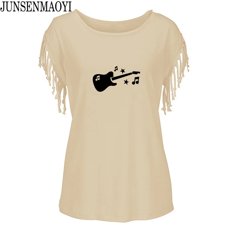 Guitar Music Printed Women T Shirt Cotton O Neck Short sleeve Femme T-shirt tops woman Funny graphic Tassel casual Tee Shirt