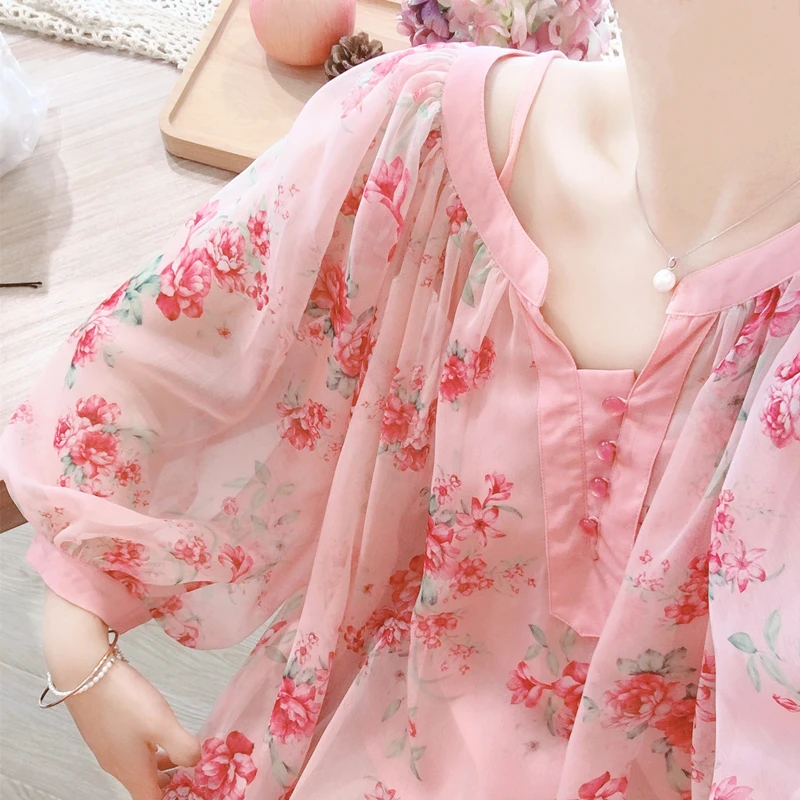 Summer Original Design Women Fresh Sweet Pink Oversized Blouses Lantern Sleeve Floral Print Casual Loose Chiffon Shirts