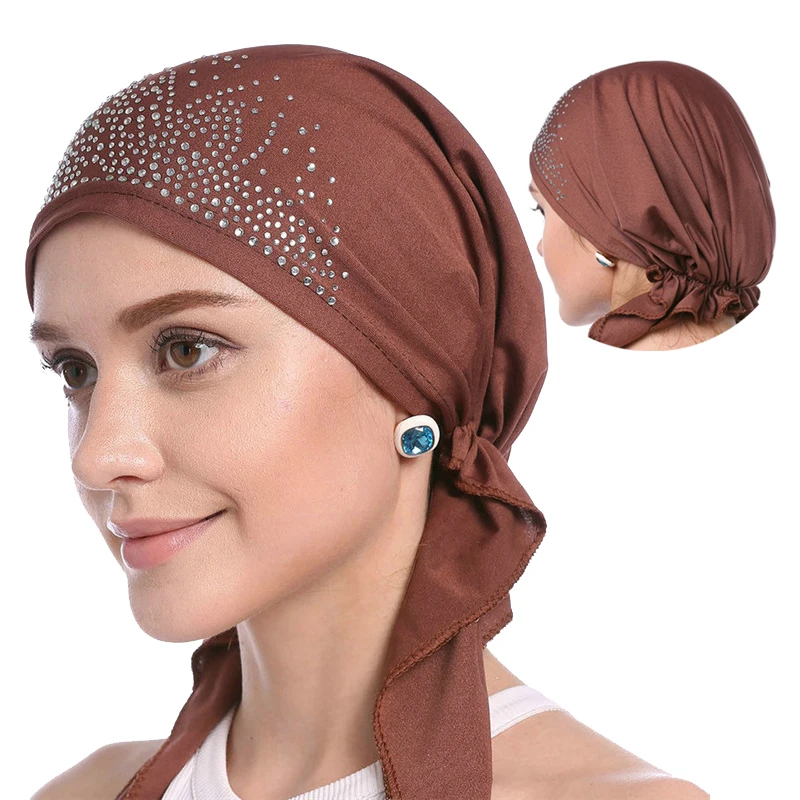 Fashion Muslim Headscarf Hat Thin Summer Women Inner Hijab Bonnet Solid Diamond Turban Caps India Head Wrap Hats For Lady