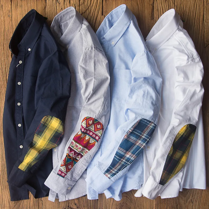 190907 Chic Patch Oxford Shirt Business Casual Gentleman Office Daily Long Sleeve Lapel Trendy Japan Style Men Blouse Tops New