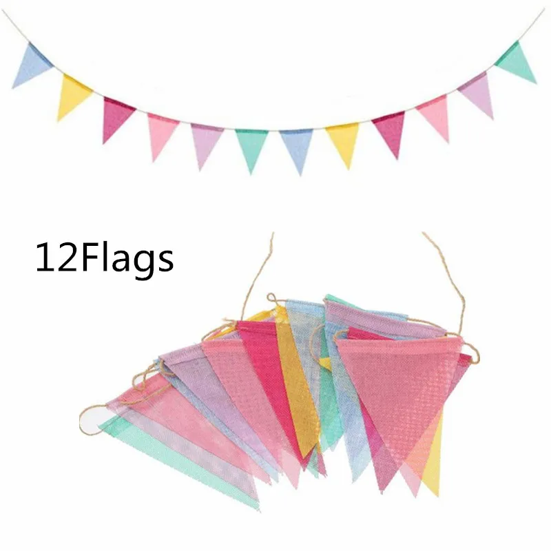 12 Flags Colorful Jute Linen Flags Pennant Birthday Bunting Banners Wall Hanging Wedding Banner Party Garland for Home Decor