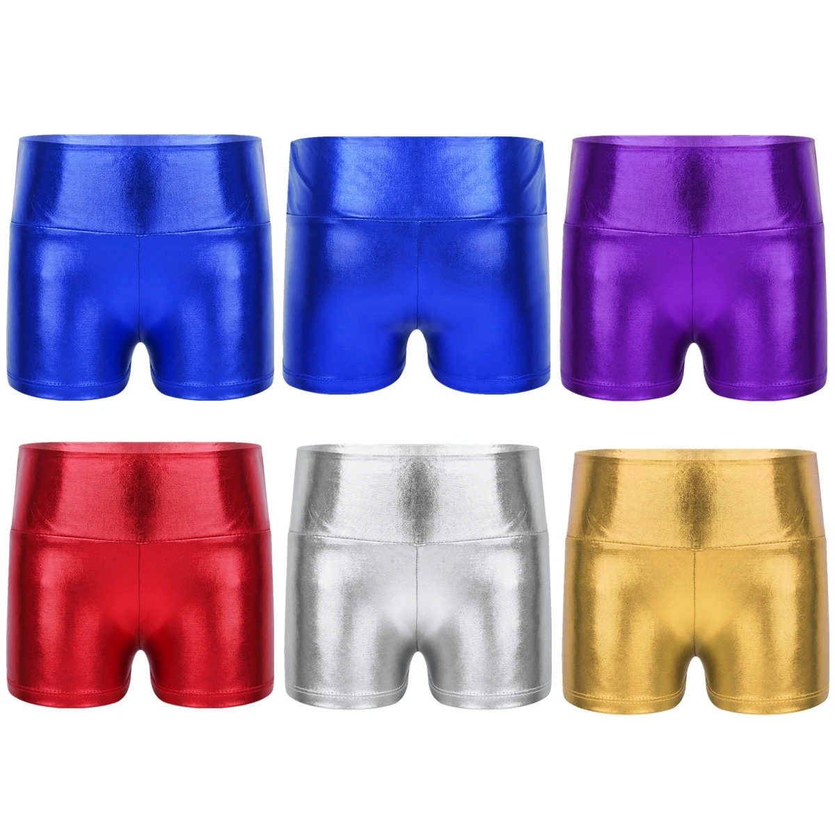 Kids Girls Metallic Shiny High Waist Yoga Ballet Dance Shorts Activewear Children Sports Gymnastics Yoga Swim Workout Bottoms