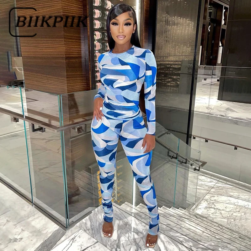 BIIKPIIK Aesthetic Print Stitching Color-match 2 Piece Sets Long Sleeve Autumn Women's Tops And Pants Suit Loungewear All-Match