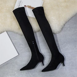 2024 Winter warmes Fell über dem Knie Frauen Stiefel Stretch Stoff High Heel 6cm Reiß verschluss Schuhe schlanke spitze Zehen Oberschenkel hohe Stiefel Frau