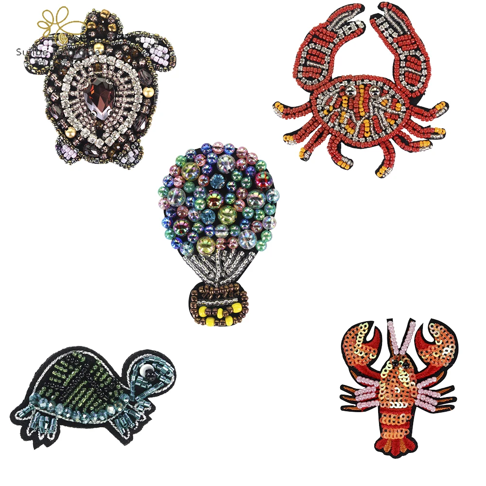 Sea Fishes Turtle Crab Lobster Craft Badges Bead Crystal Sequin Patches Decorative Applique 5 pieces