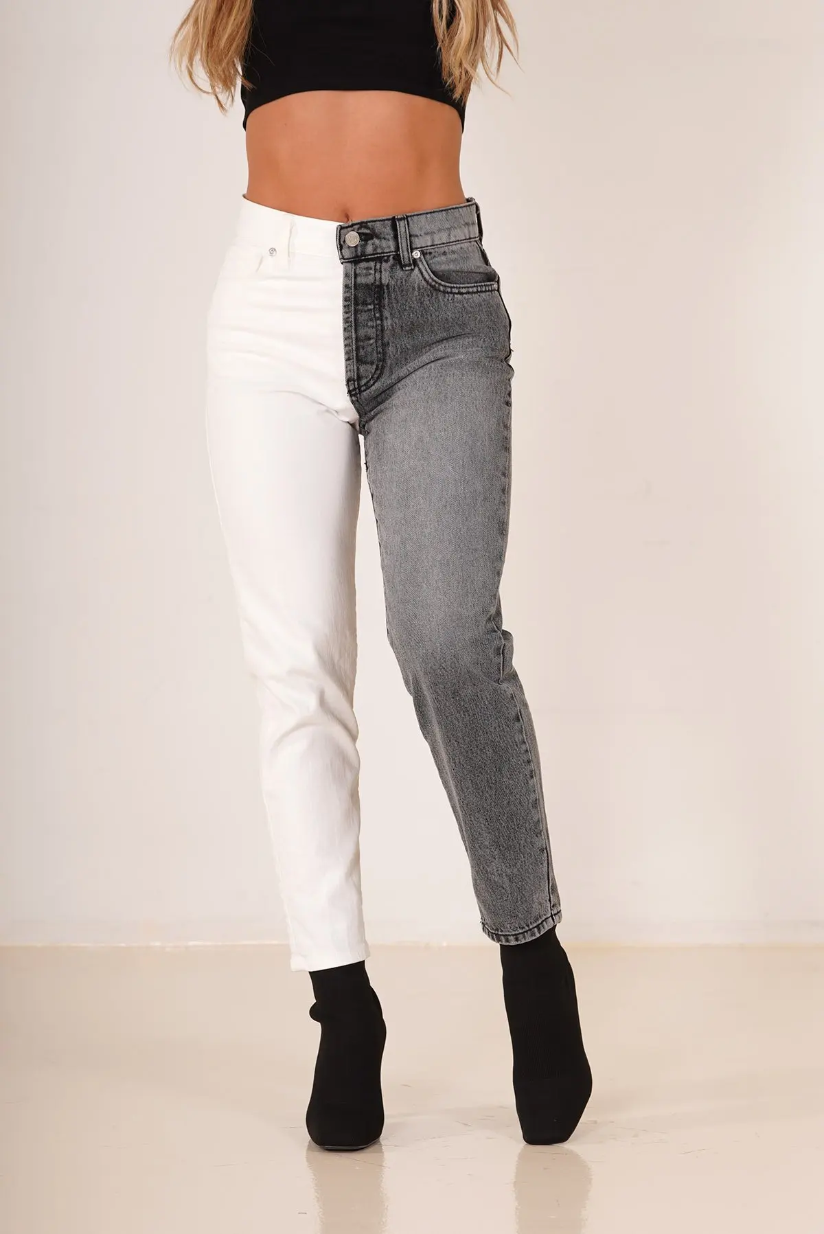 2021 New White and Grey Stitched Jeans For Women Fashion High Waist Denim Straight Pants Street Trendy Trousers S-2XL Drop ship