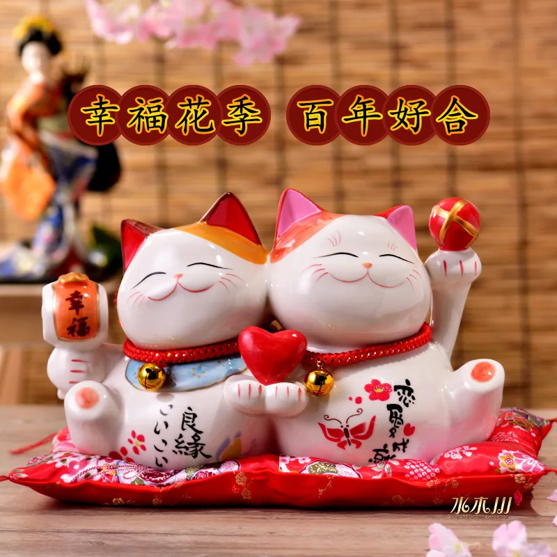 Japanese Style Ceramic Lucky Cat Marriage Wedding Gift Couple Family Home Bedroom Decoration