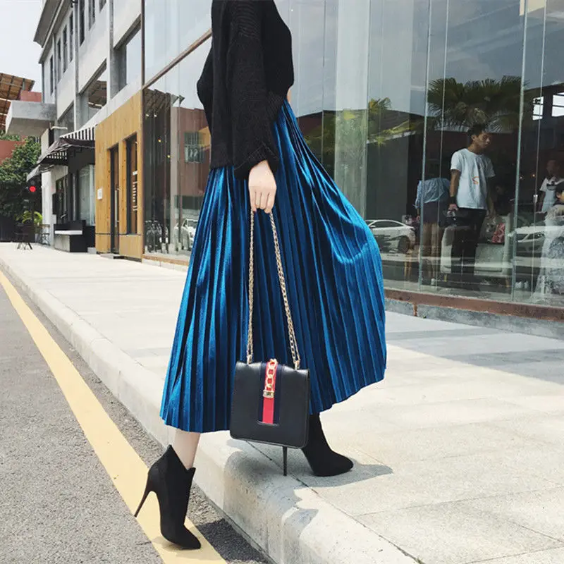 2019 new Fashion Autumn Winter Pleated Skirt Womens Vintage High Waist Skirt Solid Long Skirts New Fashion Metallic Skirt Female