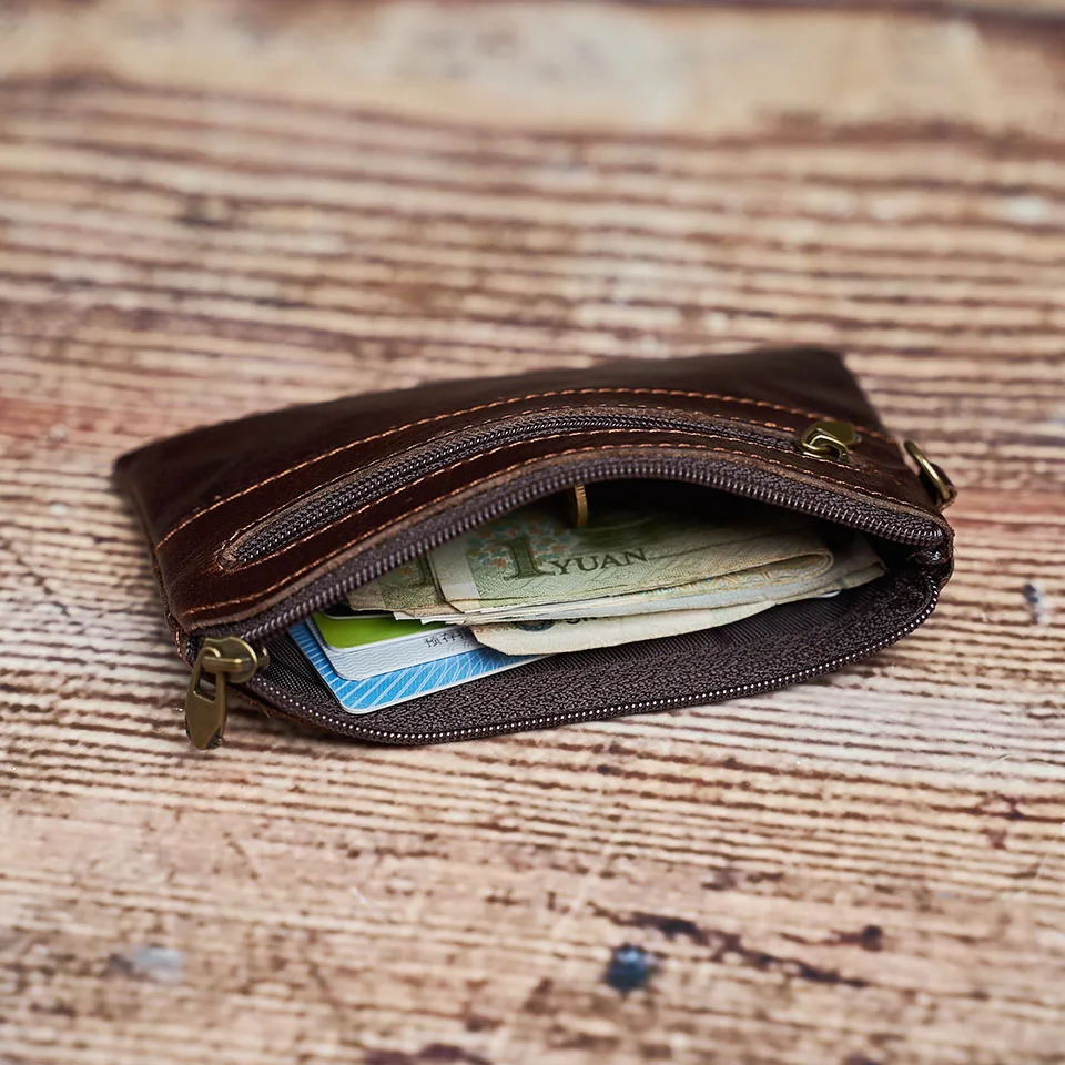 Nupugoo-Vintage kleine Geldbörse für Männer, Mini-Brieftasche, Echt ledertasche, braune lässige kleine Tasche, Reiß verschluss tasche, Schlüssel geld – Detail 11