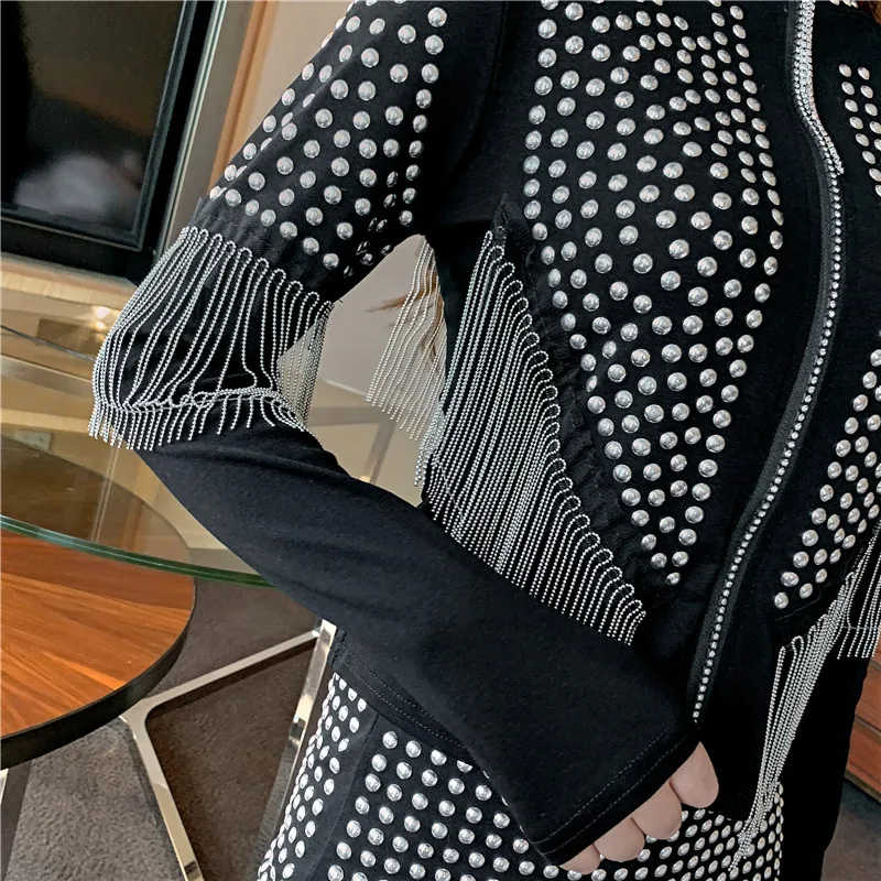 Spring 2023 Sexy Rivet Tassel Short Coat Womens Fashion Autumn Korean Hot Drill Clothes Shiny Zipper Stand Jacket Ropa Mujer New