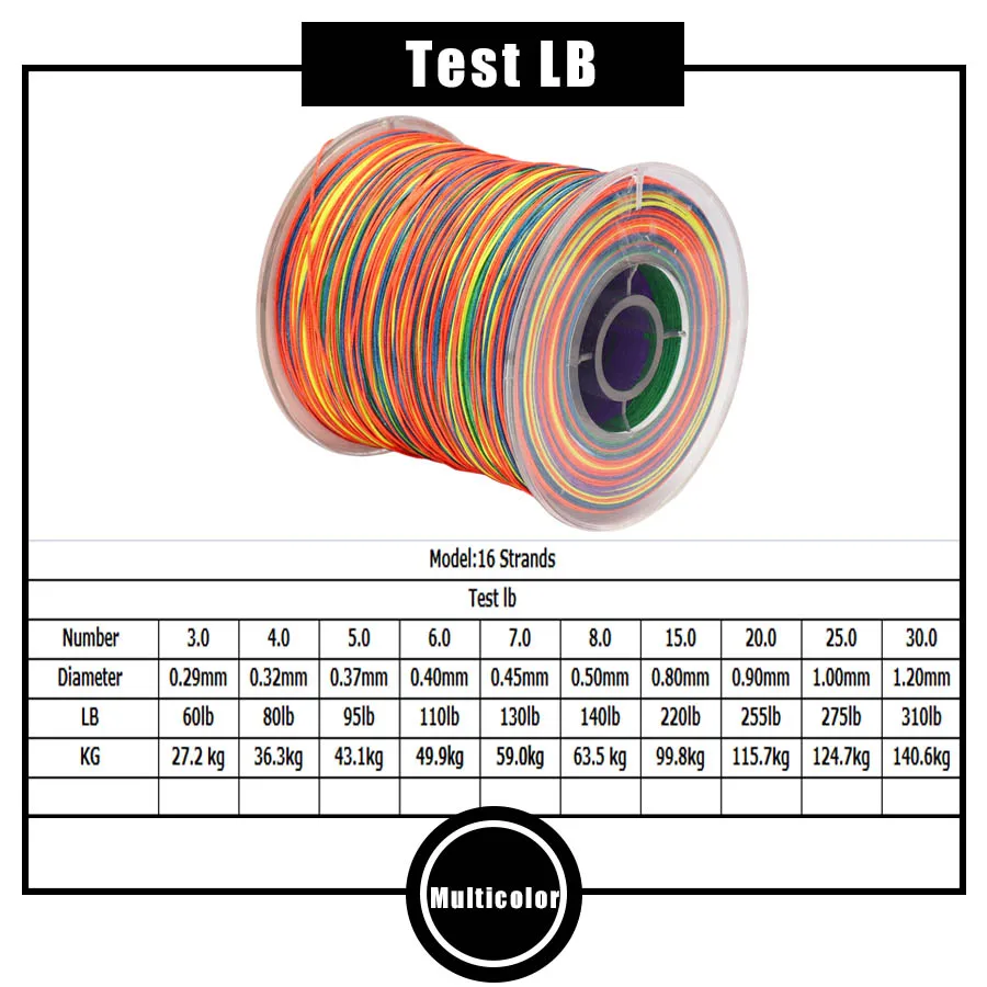 Multifilament PE Braided Line, 16 Strands, Multicolor, Super Power, Japan, 60 LB-310LB, 300m, 500m, 1000m, 1500m