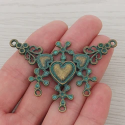 3 x Green Verdigris Patina Large Tribal Ethnic Boho Heart Flower Connector Charms Pendants For Necklace Jewelry Making Findings