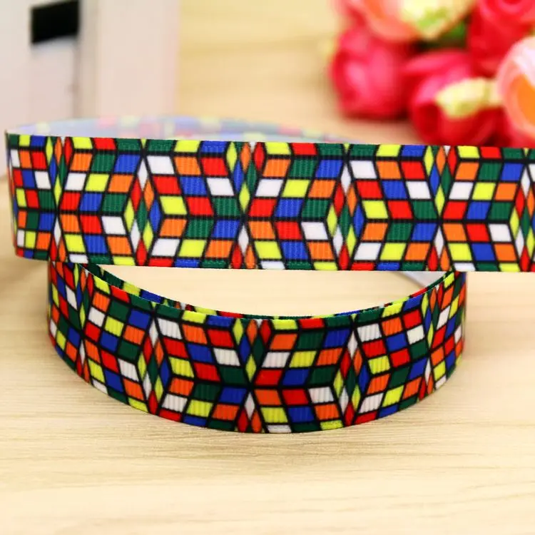 DHK 7/8'' 5yards magic cube printed grosgrain ribbon headwear hair bow diy party decoration OEM Wholesale 22mm E1171