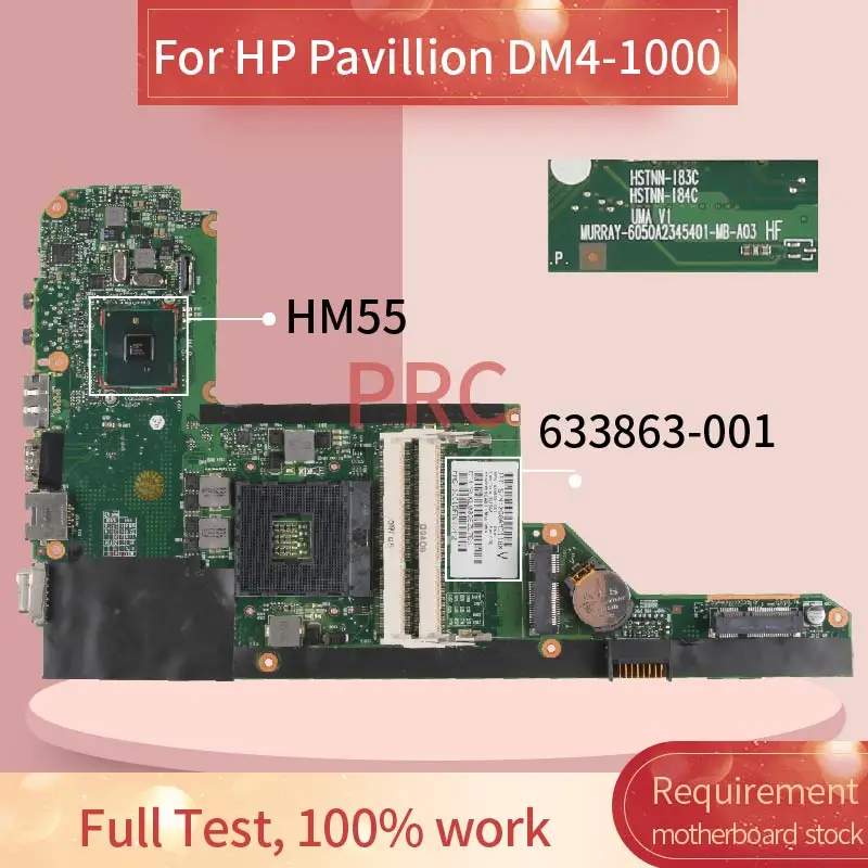 

633863-001 633863-501 For HP Pavillion DM4 DM4-1000 HM55 Laptop motherboard 6050A2345401-MB-A03 HM55 DDR3 Notebook Mainboard