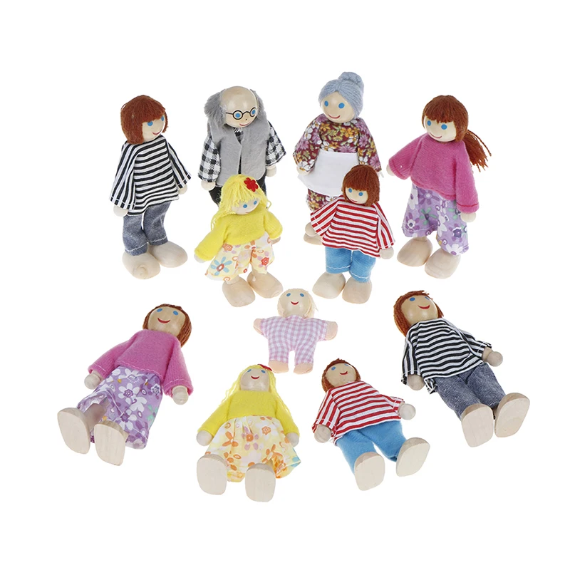 Small Wooden Toys Set Happy Dollhouse Family Dolls Figures Dressed Characters Children Kids Playing Doll Gift Kids Pretend Toy