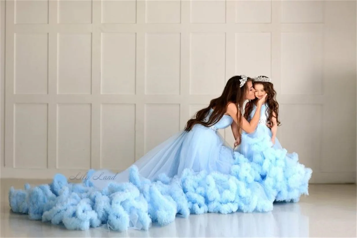 Sky Blue Ruffles Tulle Long Sleeve Women Winter Sexy Kimono Pregnant Party Sleepwear Bridal Bathrobe Evening Party Wear