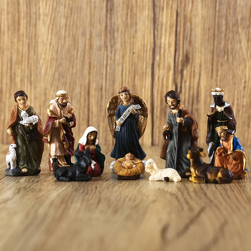 11Pcs/set Christmas Manger Combination Resin Crafts Small Ornaments Nativity Religious Sculpture Decoration