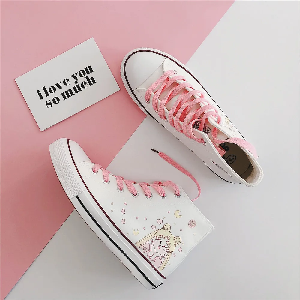 Pink cartoon cute canvas shoes sweet girl high-top student casual shoes  women shoes loli cosplay cos kawaii girl tea party