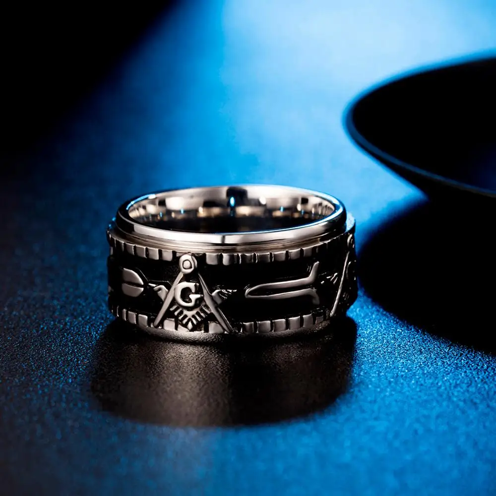 Valily Men\'s Gold Color Spinner Freemason Ring Stainless Steel Rune Rotating Mason Masonic Jewelry for Man