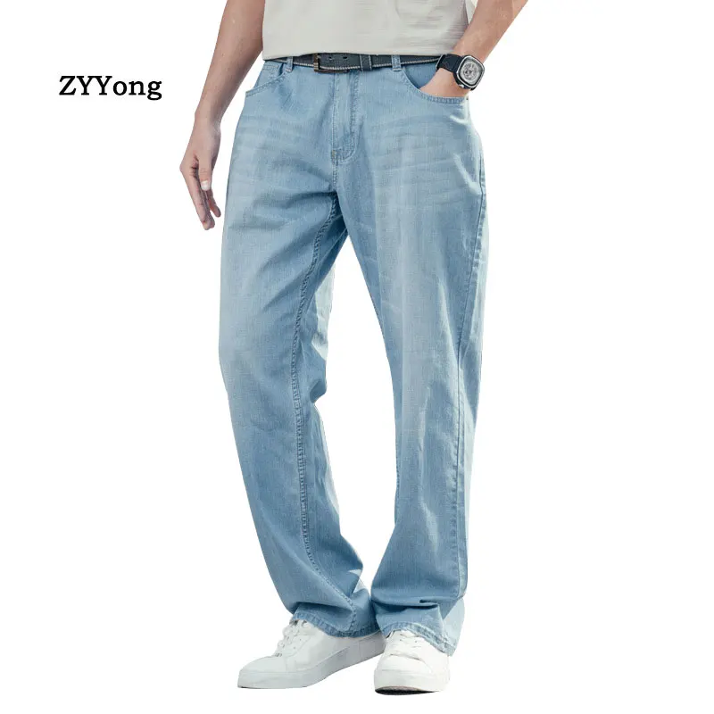 Summer Thin Section Men Jeans Wide Leg Denim Pants Loose Hip Hop Skateboard Elastic Jeans Straight Blue Trousers Baggy Pants