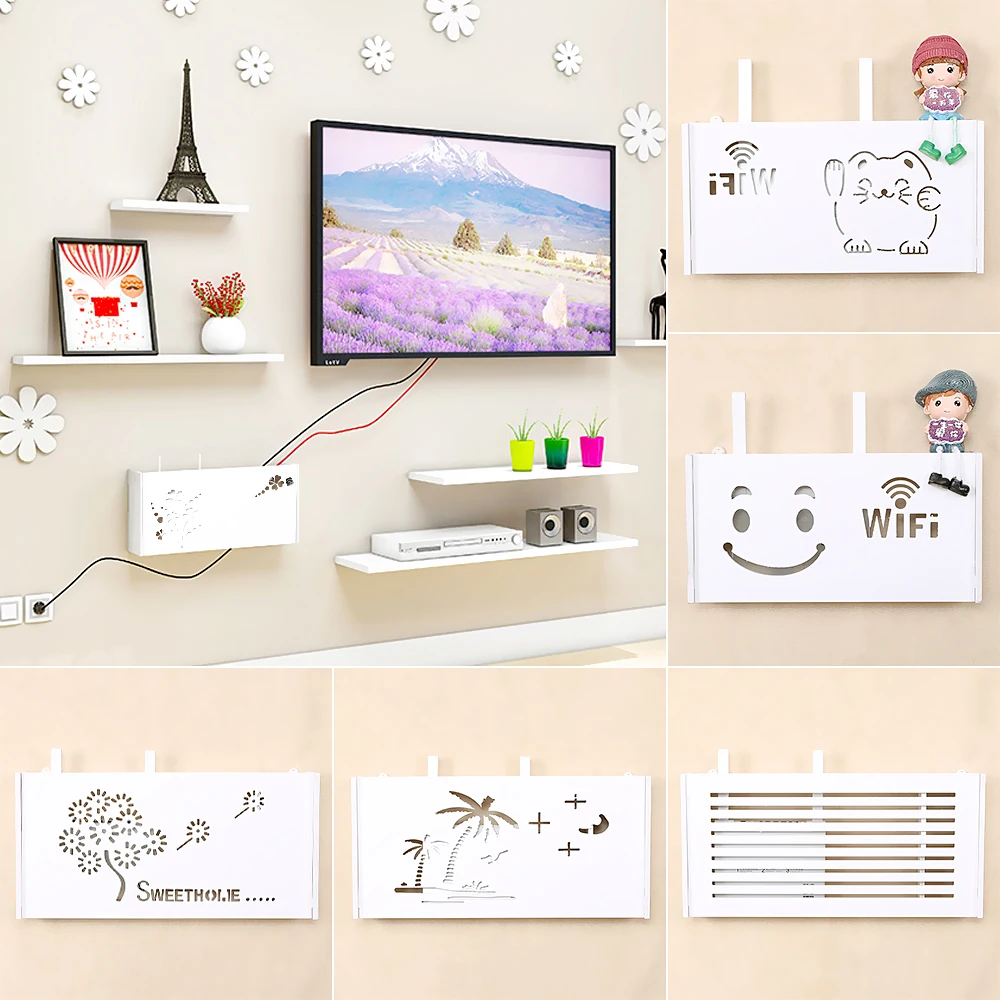 Pop Wifi Router Shelf Storage Boxes Cable Power Plus Wire Bracket Storage Box Wood-Plastic Wall Shelf Hanging Plug Bracket Boxes