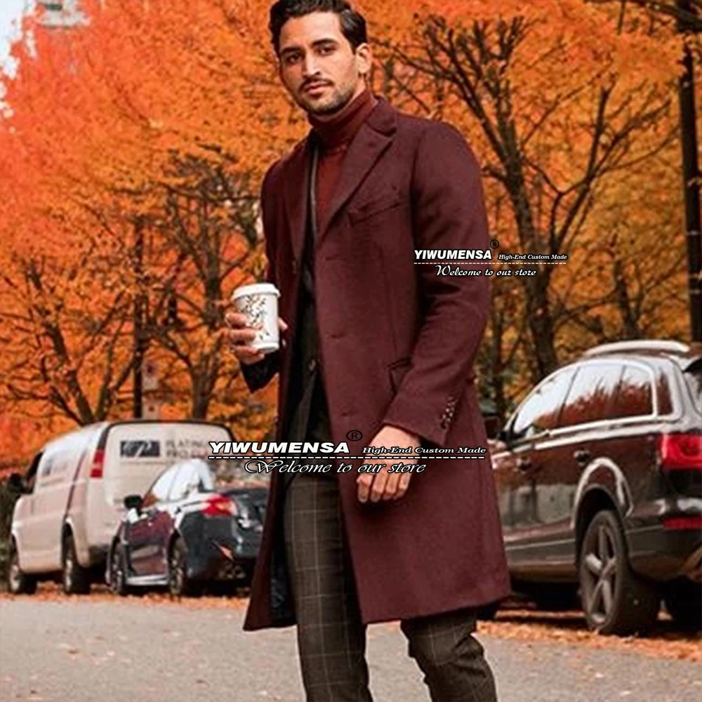 

Autumn/Winter Burgundy Warm Jacket Slim Fit Men Suits Groom Business Blazer Double Breasted Overcoat Tweed Wool Blends Coat