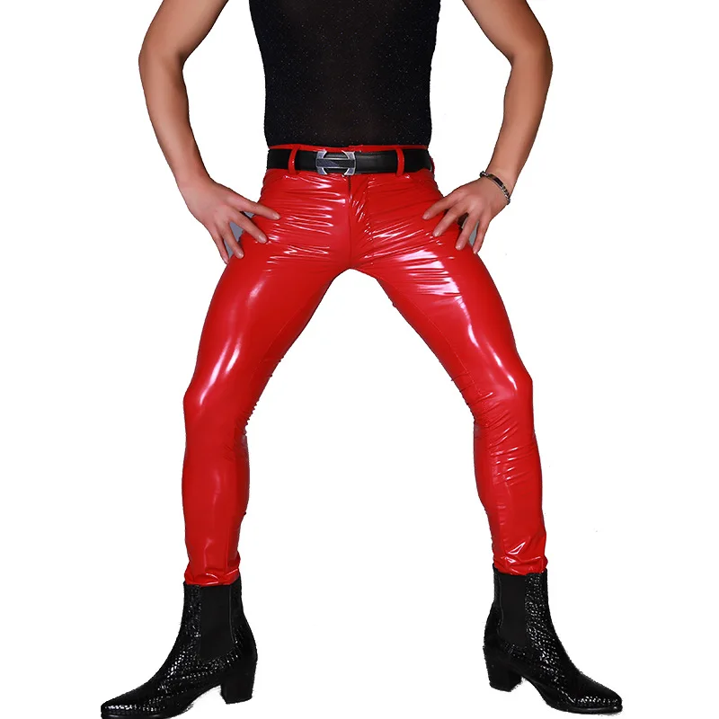 Men Sexy Slim Pants Glossy Shiny Faux Leather Skinny Stretchy Trousers Stage Outfit Stylish