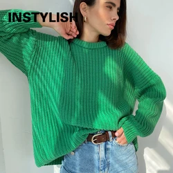 Instylish luźny sweter z okrągłym dekoltem z długim rękawem elegancka jednolity, gruby sweter oversize Vintage kaszmirowy, dzianinowy topy bluzy Harajuku