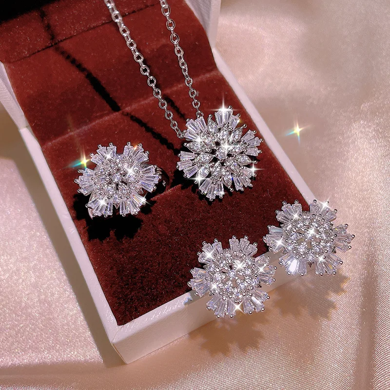 925 silver high quality Snowflake zircon ring earring necklace three-piece suit for ladies party birthday jewelry gift