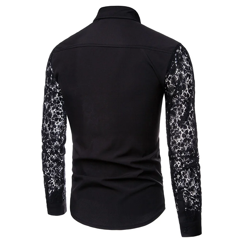 Tuxedo Designer Shirts Men Lace Long Sleeve Slim Fit Turn-Down Collar Classic Solid Color Black White Shirts Mens Casual Tops