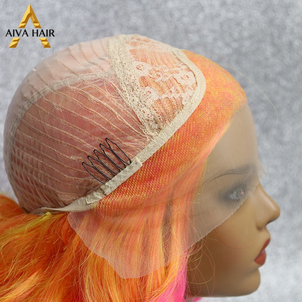 Orange Pink Synthetic Lace Front Wig Aiva Ombre White Wavy Short Wig Heat Resistant Cosplay Synthetic Lace Wigs For Black Women