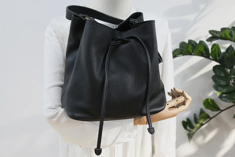 Genuine Leather Women Bucket Bag String Crossbody Bags