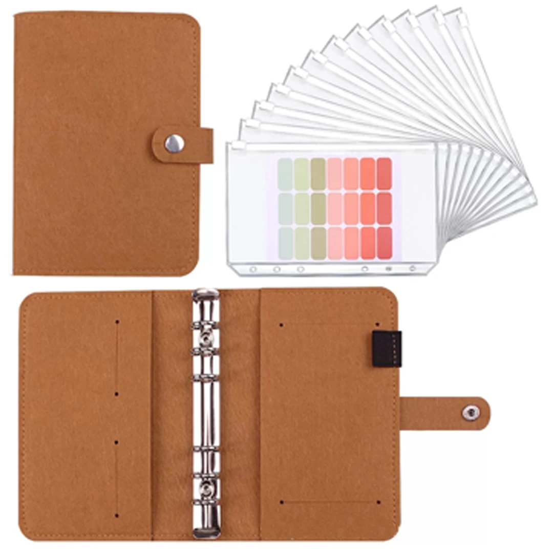 A6 PU Leather Notebook Binder Cash Envelope Planner System for Budgeting with Clear Binder Pockets,Budget Sheets,Color Labels