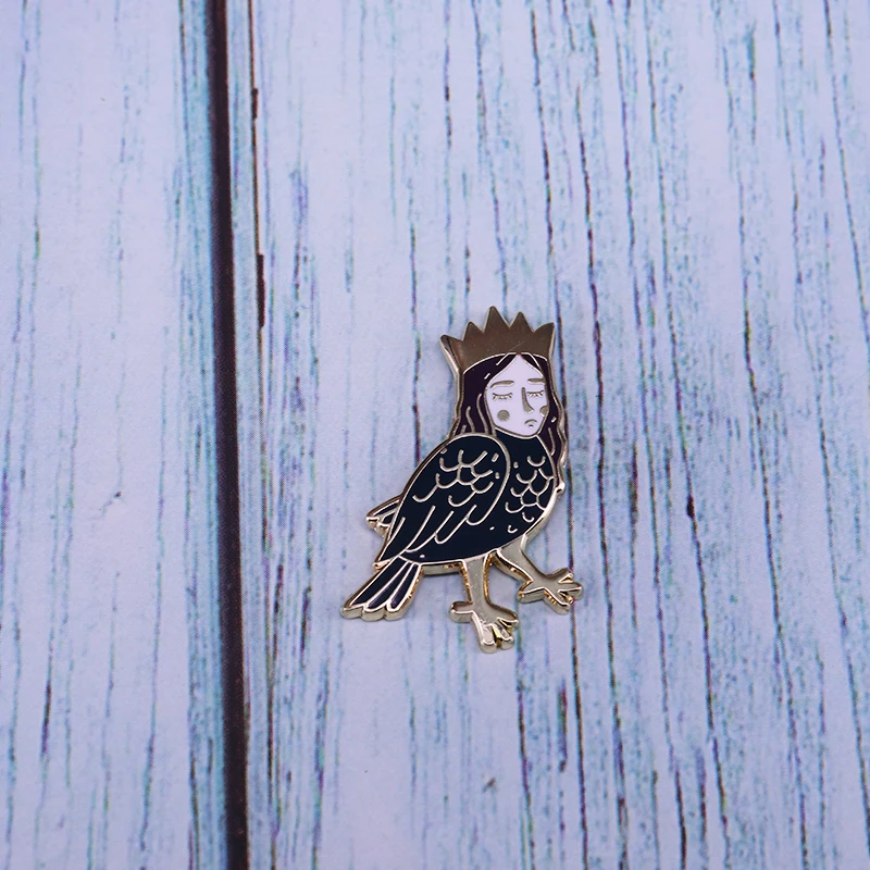 Gold crown half human half bird mythology enamel pin women jackets bag fashion accessory