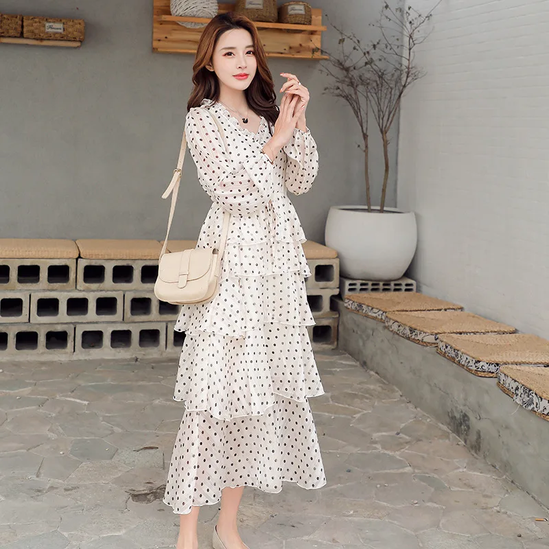 Summer Dress Women Polka Dot Chiffon Long Sleeve Dress Vintage Party Beach Dresses Elegant Vestidos Verano 2020 LWL1782