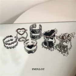 Punk Gothic Thorns Black Silver Color Heart Metal Open Adjustable Ring For Women Men Girls Party Grunge Y2k Jewelry Accessories