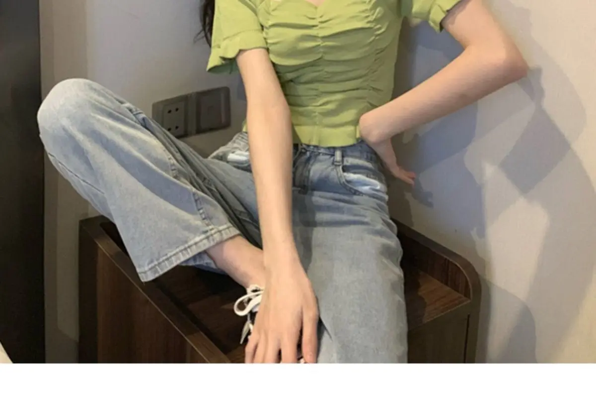Gestrickte Modische Bluse Damen Rüschen Jugendlich Elegant Sommer Crop Top Sexy Figurbetonte Bluse Kurzarm – Detail 9