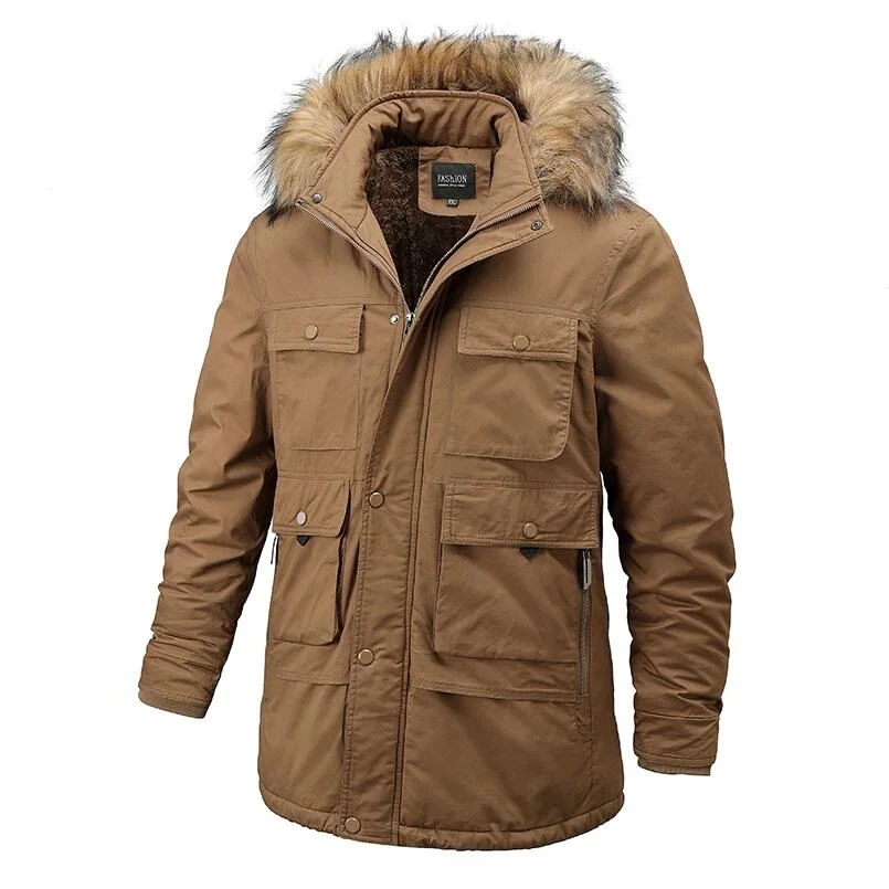 

Winter Jacket Men Outdoor Parka Coat Plus Size Fur Collar Warm Coat With Many Pockets Sport Working Jacket Men Fur Lined Clothes