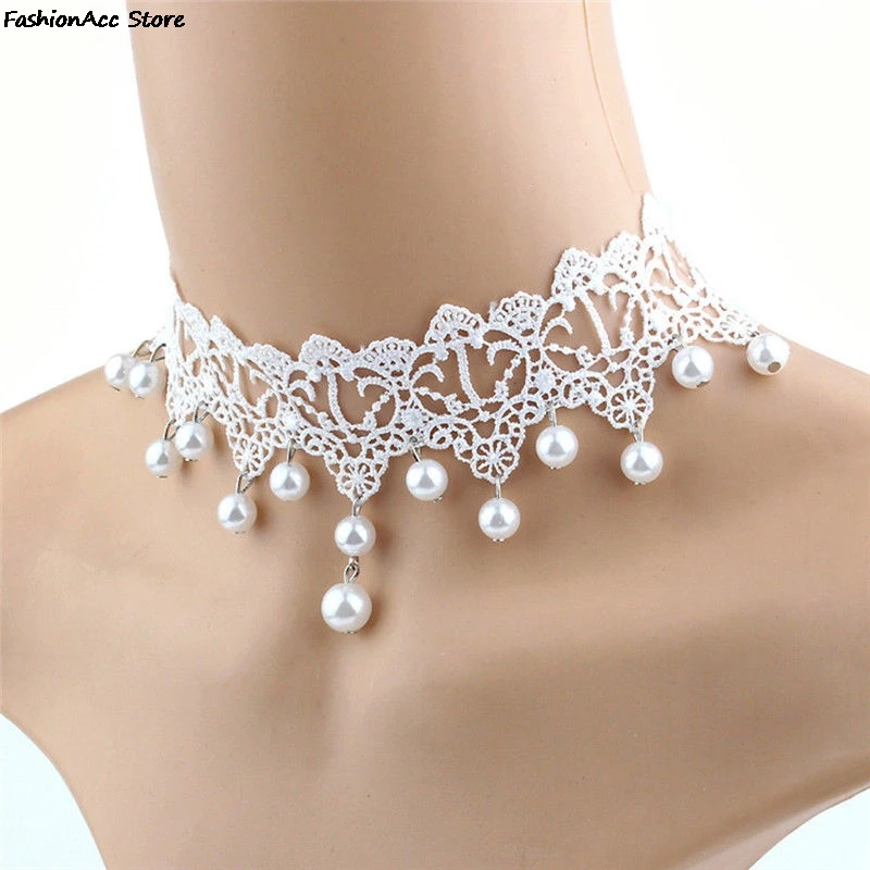 Elegant Vintage Imitation Pearl White Lace Statement Choker Necklaces Bridal Jewelry For Women Wedding